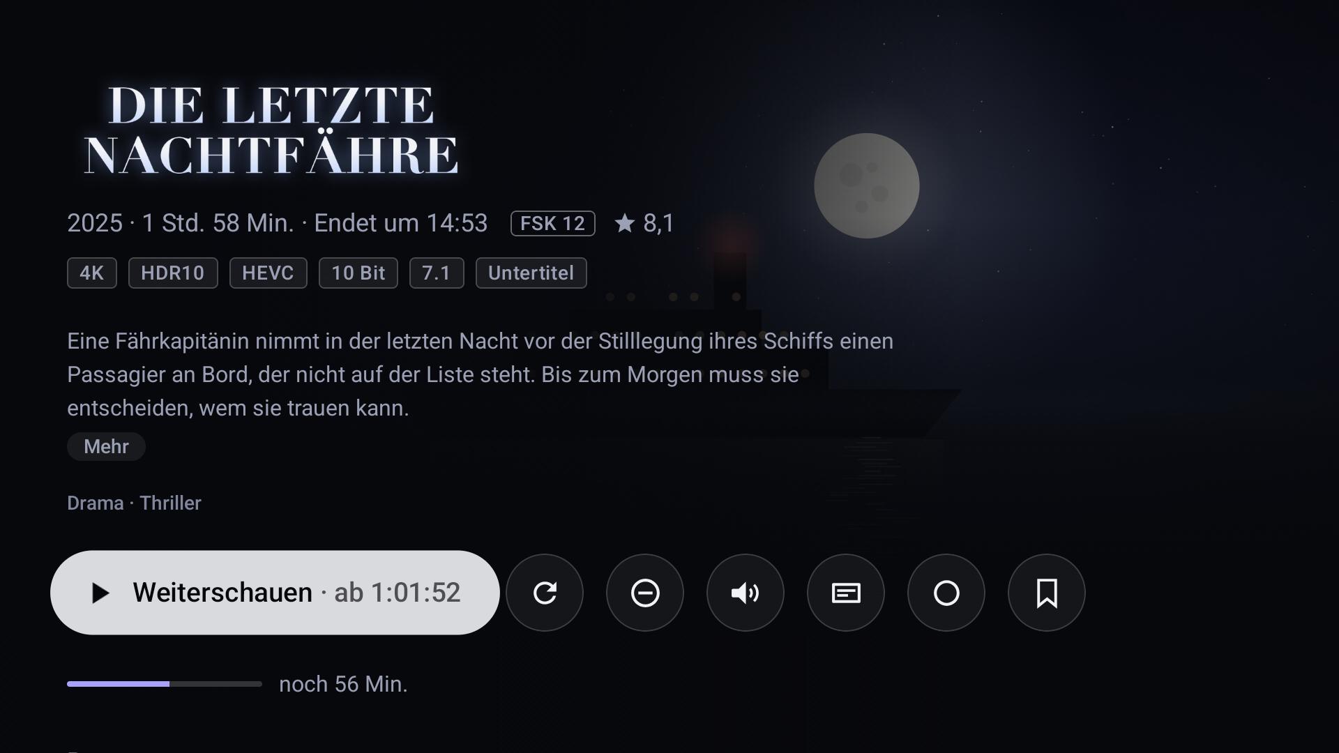 Detailseite des Films „Die letzte Nachtfähre“ mit Schriftzug, Laufzeit, Bildformat und dem Knopf Weiterschauen
