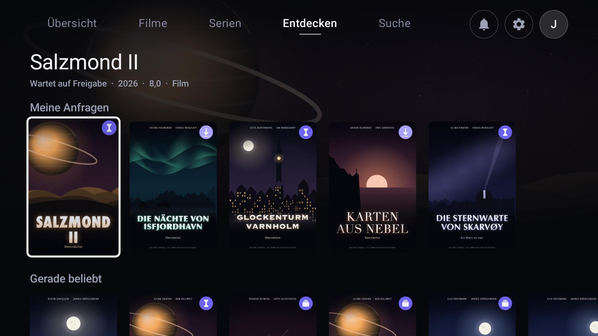 Der Bereich Entdecken mit der Reihe Meine Anfragen und dem Stand jeder Anfrage